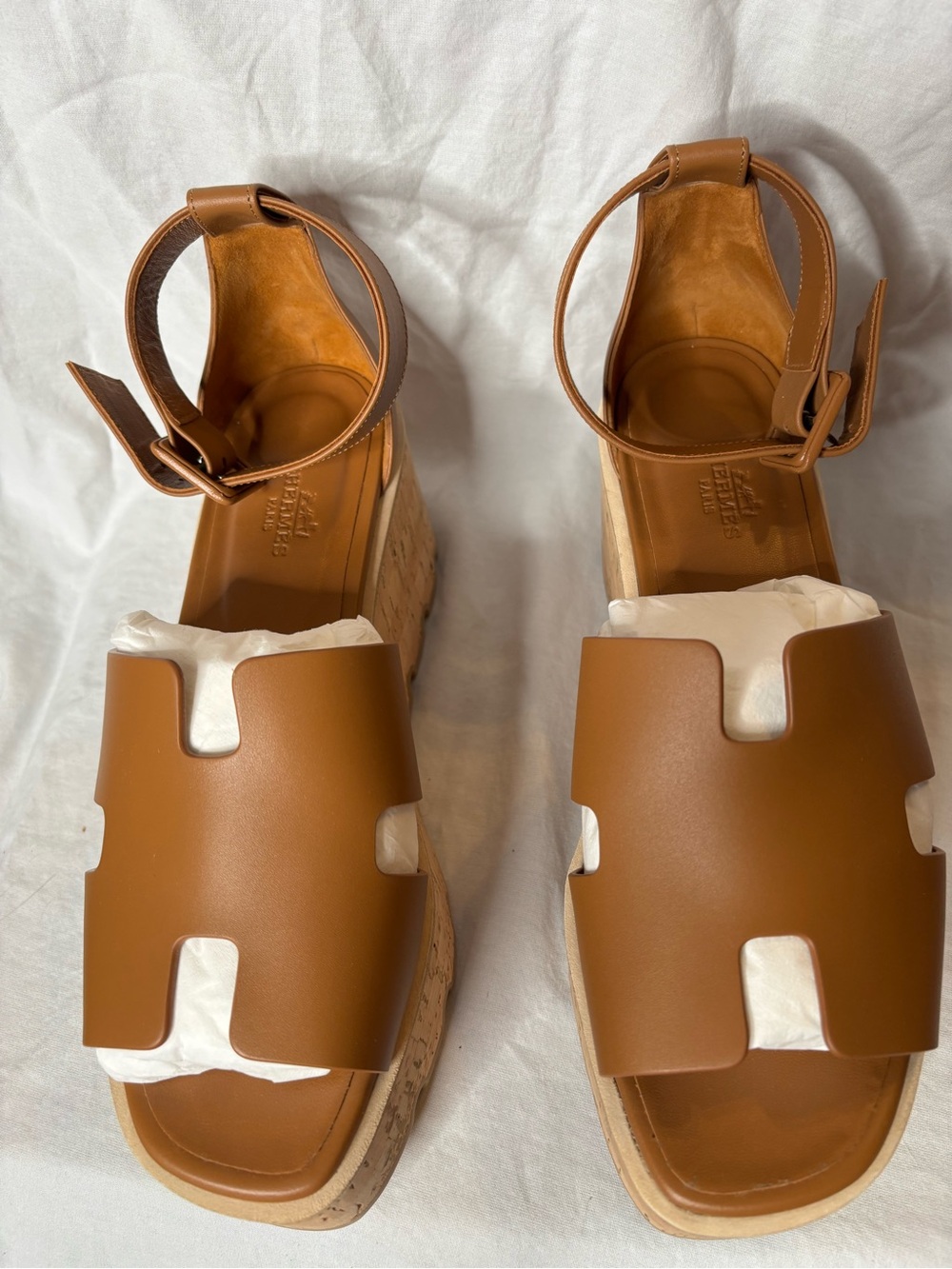 Hermes Brown Cork Wedge Sandals